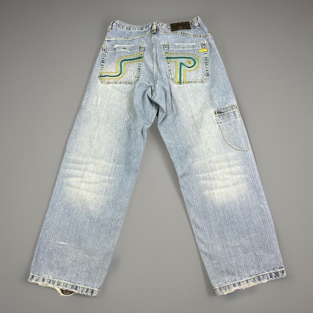 Southpole Mens 34 Wide Leg Light Wash Denim Y2K Pocket Design Jeans